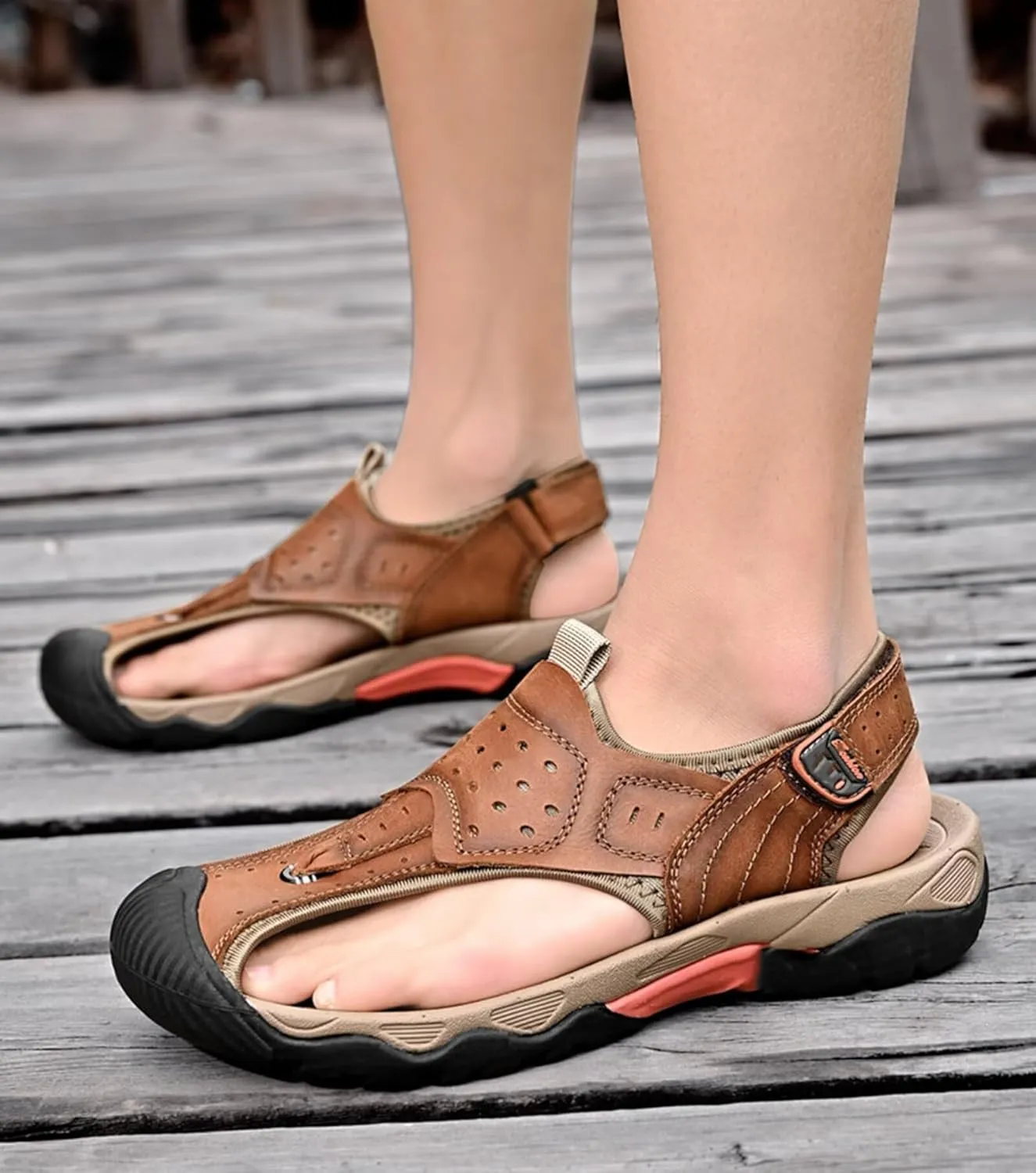 Closed Toe Sandals Men Outdoor Sports Sandals Summer Men's Beach Shoes Leather Casual Trekking Walking Hiking Sandals