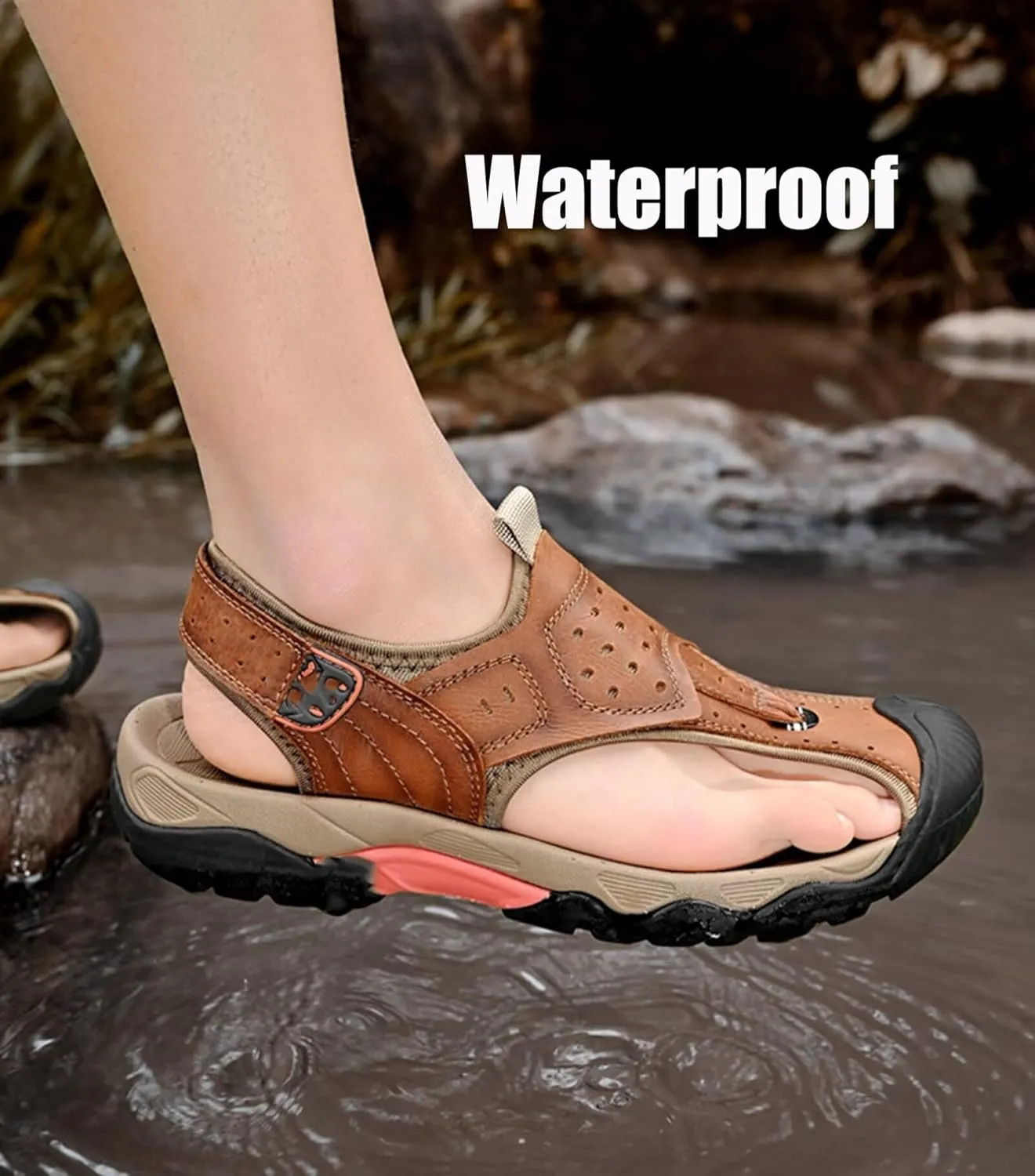Closed Toe Sandals Men Outdoor Sports Sandals Summer Men's Beach Shoes Leather Casual Trekking Walking Hiking Sandals