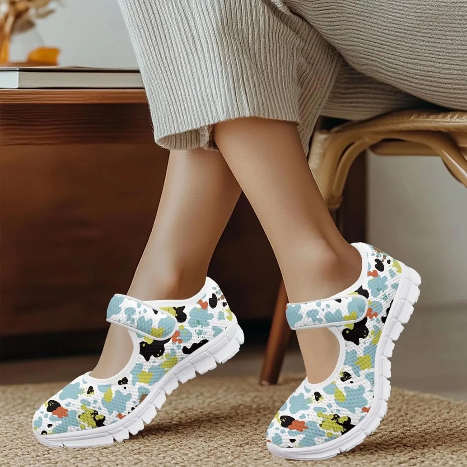 Coloranimal Mary Jane Shoes Women Casual Flats Walking Shoes Mary Jane Flats Women Lightweight Slip On Shoes Buckle Strap Round Toe Shoes