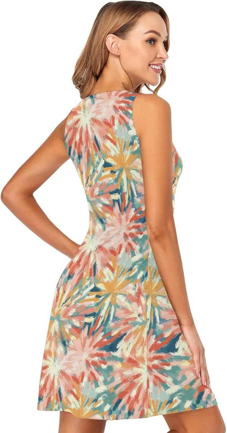 Colorful Fireworks Illustration Women Dresses Loose Sleeveless Holiday Tshirt Sundresses Crewneck