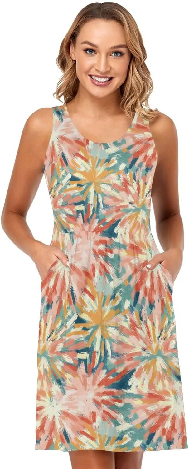 Colorful Fireworks Illustration Women Dresses Loose Sleeveless Holiday Tshirt Sundresses Crewneck