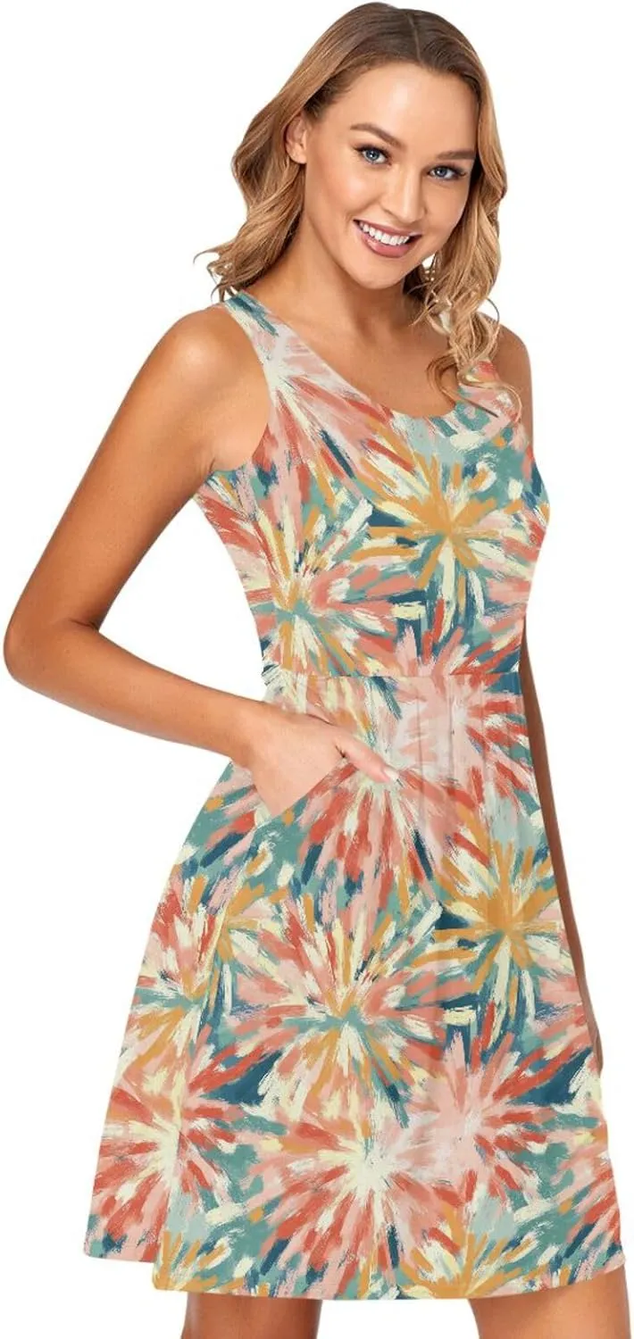 Colorful Fireworks Illustration Women Dresses Loose Sleeveless Holiday Tshirt Sundresses Crewneck