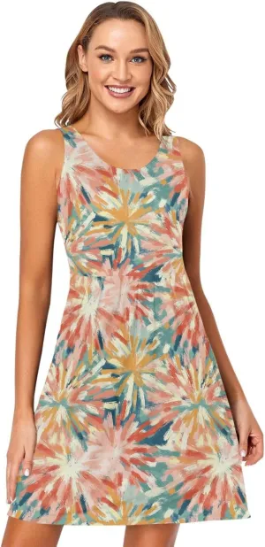 Colorful Fireworks Illustration Women Dresses Loose Sleeveless Holiday Tshirt Sundresses Crewneck