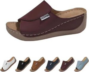 Comfortable Arch Support Slides with Solid Color, 2025 New Sandals for Women Breathable Summer Orthotic Leather Platform Wedge Sandals Slip on Women All Day Walking Casual Flip Flops