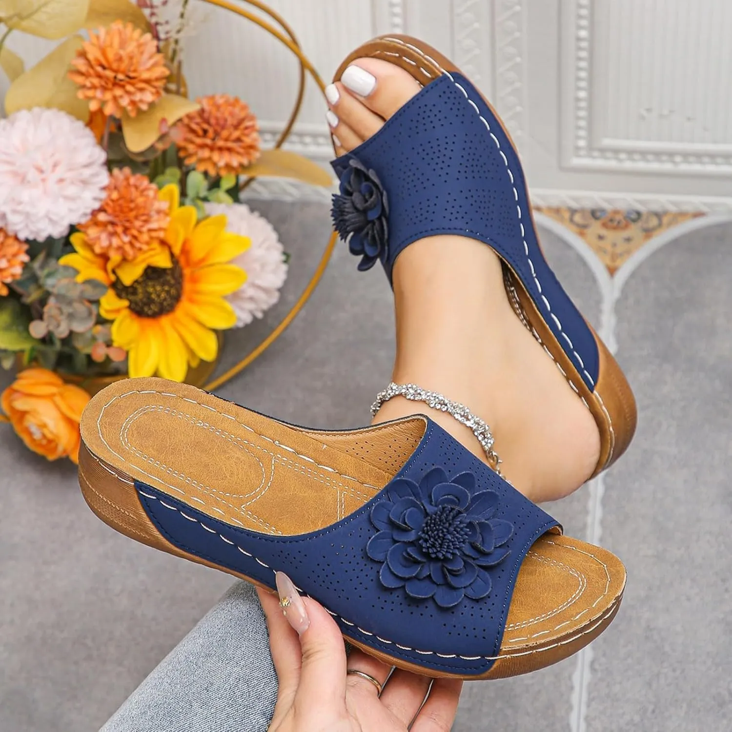 Comfortable Non-Slip Solid Color Open-Toe Wedge Sandals for Women, 2025 Summer New Dress Sandals with Arch Support