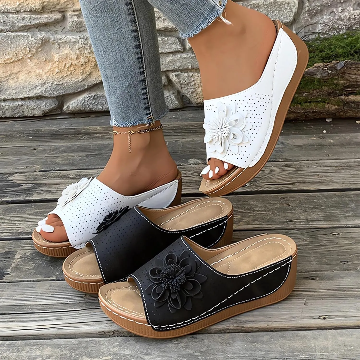 Comfortable Non-Slip Solid Color Open-Toe Wedge Sandals for Women, 2025 Summer New Dress Sandals with Arch Support