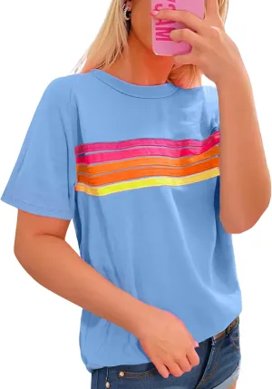 CORIRESHA Women's Fashion Rainbow Striped T-Shirt Crewneck Short Sleeve Casual Summer Top