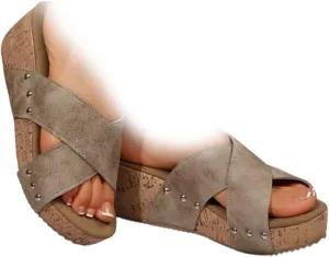 Cork Wedges & Platform Slides, Women's Thick Sole Comfy Leather Wedge Non-slip Slides, Summer Sandals Cork Sandals
