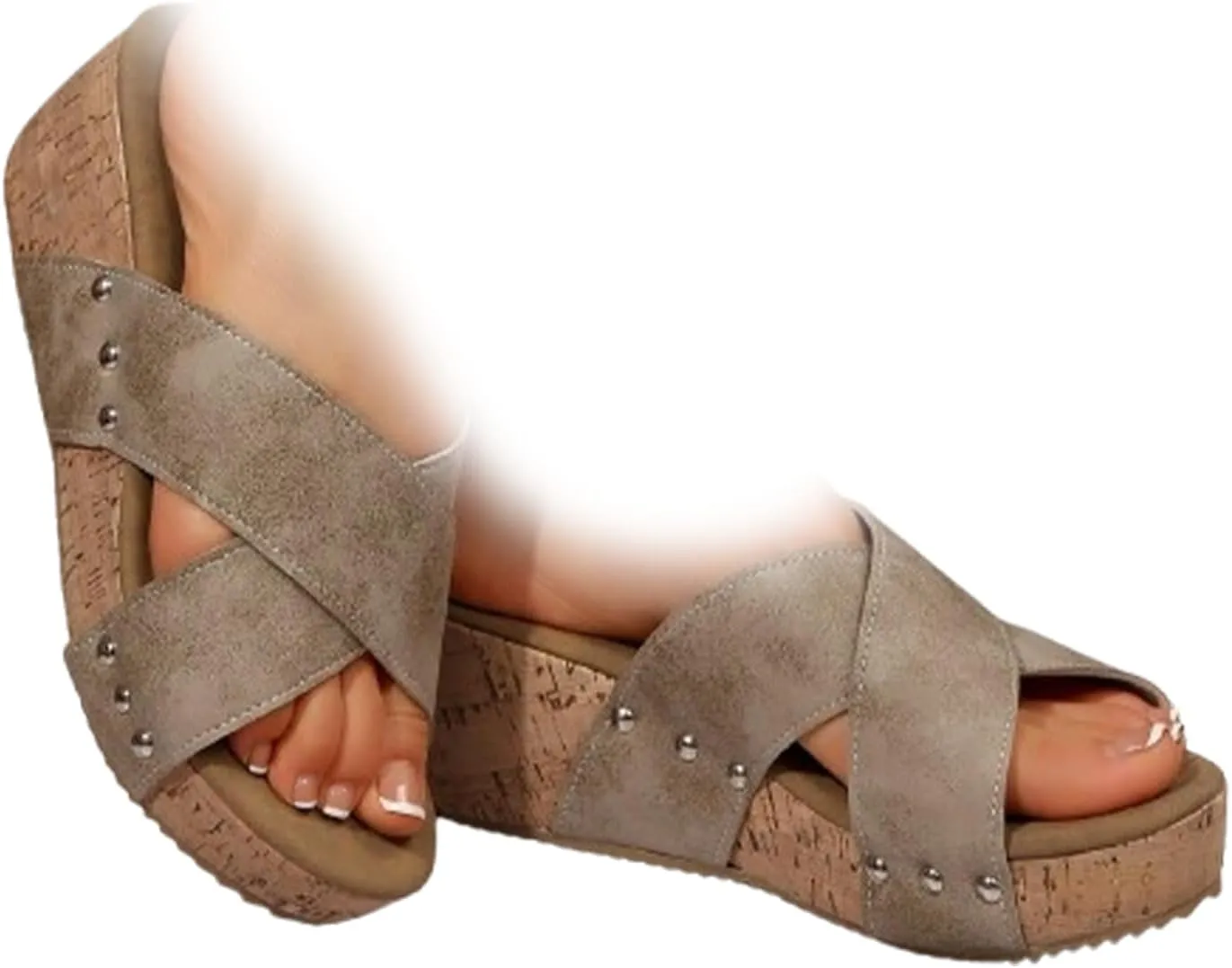 Cork Wedges & Platform Slides, Women's Thick Sole Comfy Leather Wedge Non-slip Slides, Summer Sandals Cork Sandals