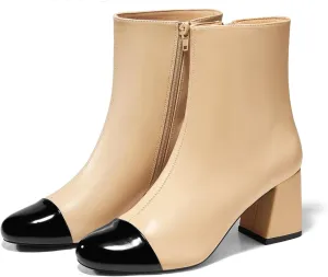 Coutgo Womens Ankle Boots Chunky Block Heel Two Tone Round Toe Side Zipper Dress Fall Booties Shoes