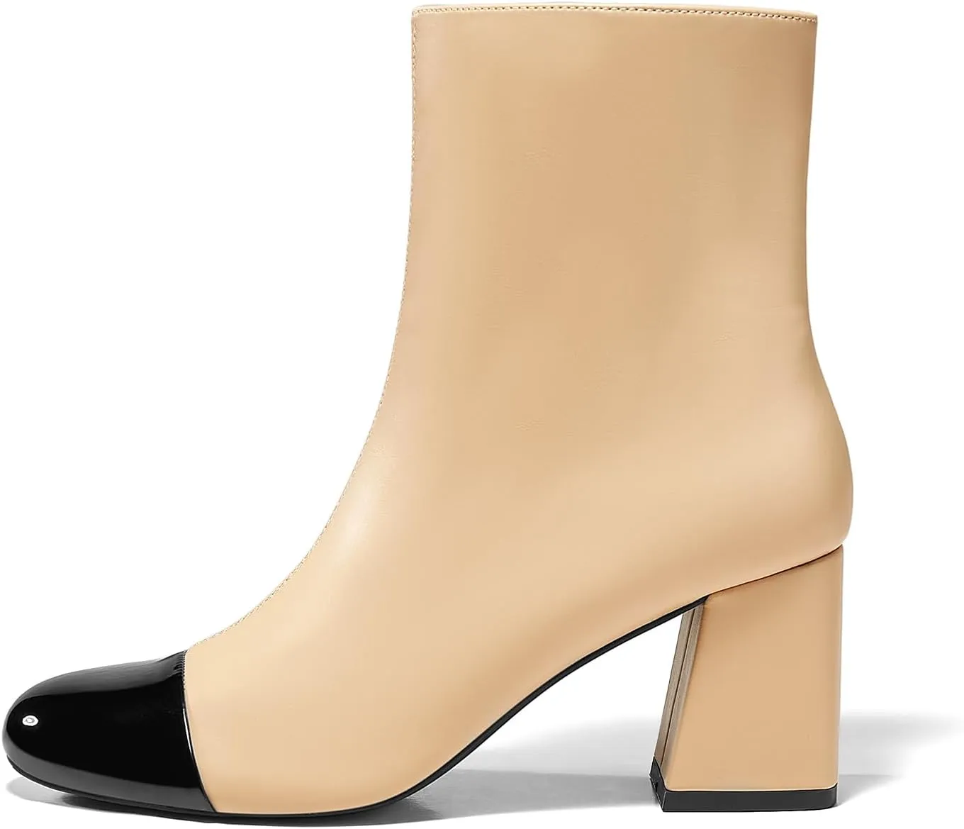 Coutgo Womens Ankle Boots Chunky Block Heel Two Tone Round Toe Side Zipper Dress Fall Booties Shoes