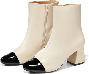 Coutgo Womens Ankle Boots Chunky Block Heel Two Tone Round Toe Side Zipper Dress Fall Booties Shoes
