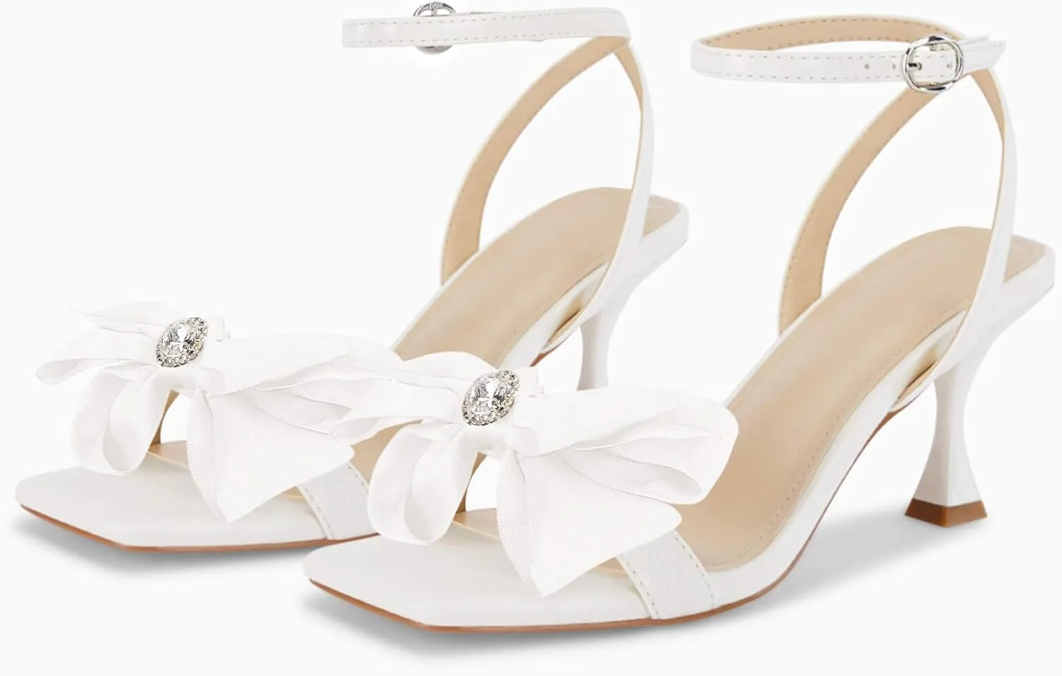 Coutgo Women's Bow Knot Heeled Sandals Rhinestone Kitten Heels Open Toe Ankle Strap Dress Pump Shoes