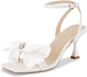Coutgo Women's Bow Knot Heeled Sandals Rhinestone Kitten Heels Open Toe Ankle Strap Dress Pump Shoes