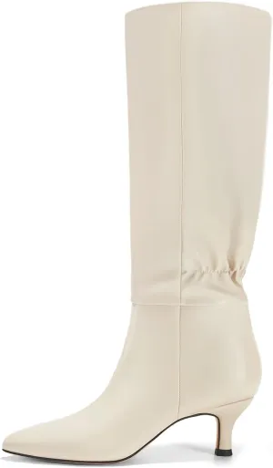 Coutgo Womens Kitten Heel Knee High Boots Pointed Toe Tall Boots Pull On Winter Dress Long Boot Shoes