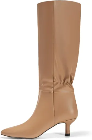 Coutgo Womens Kitten Heel Knee High Boots Pointed Toe Tall Boots Pull On Winter Dress Long Boot Shoes