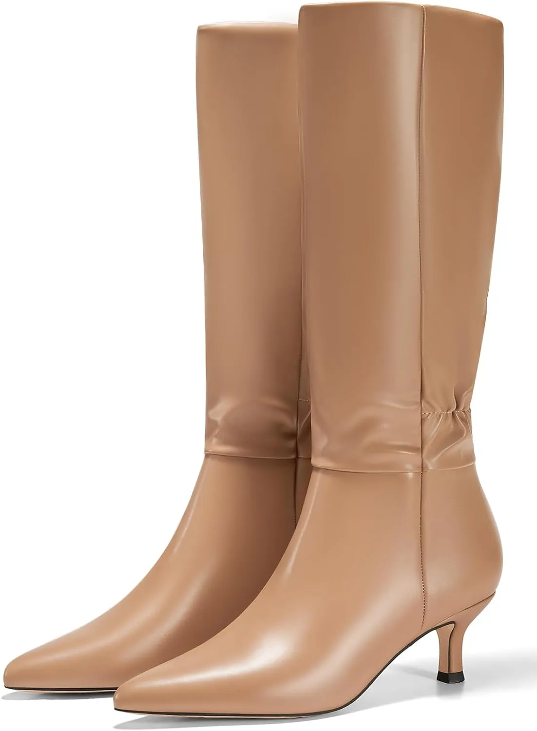 Coutgo Womens Kitten Heel Knee High Boots Pointed Toe Tall Boots Pull On Winter Dress Long Boot Shoes