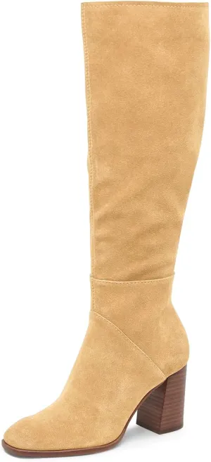 Coutgo Womens Knee High Boots Square Toe Chunky Block Heel Side Zipper Faux Suede Long Boots Fall Winter Shoes