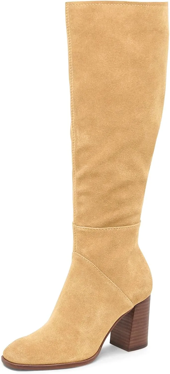 Coutgo Womens Knee High Boots Square Toe Chunky Block Heel Side Zipper Faux Suede Long Boots Fall Winter Shoes