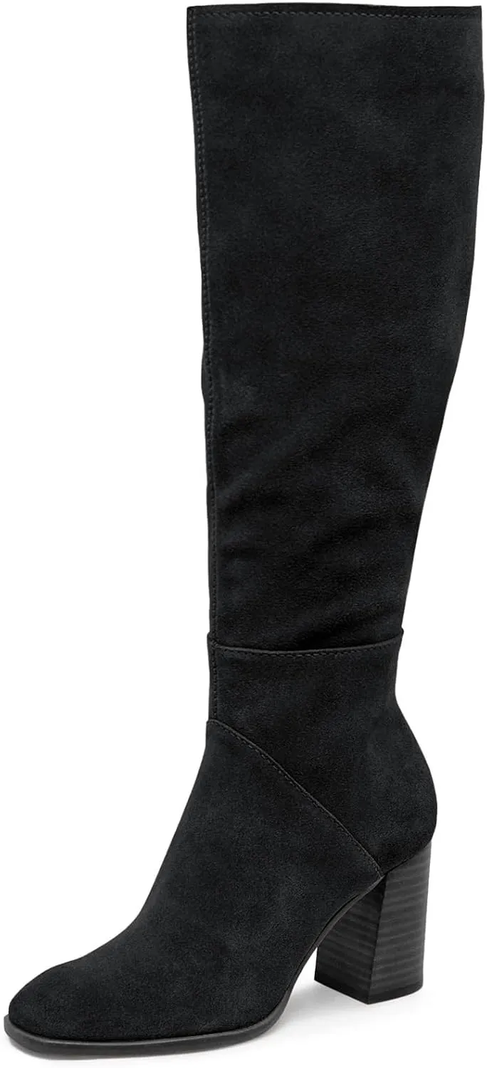 Coutgo Womens Knee High Boots Square Toe Chunky Block Heel Side Zipper Faux Suede Long Boots Fall Winter Shoes