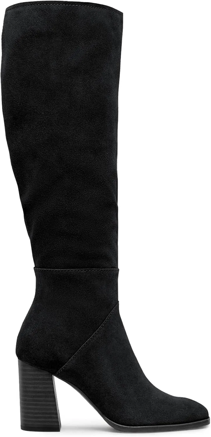 Coutgo Womens Knee High Boots Square Toe Chunky Block Heel Side Zipper Faux Suede Long Boots Fall Winter Shoes