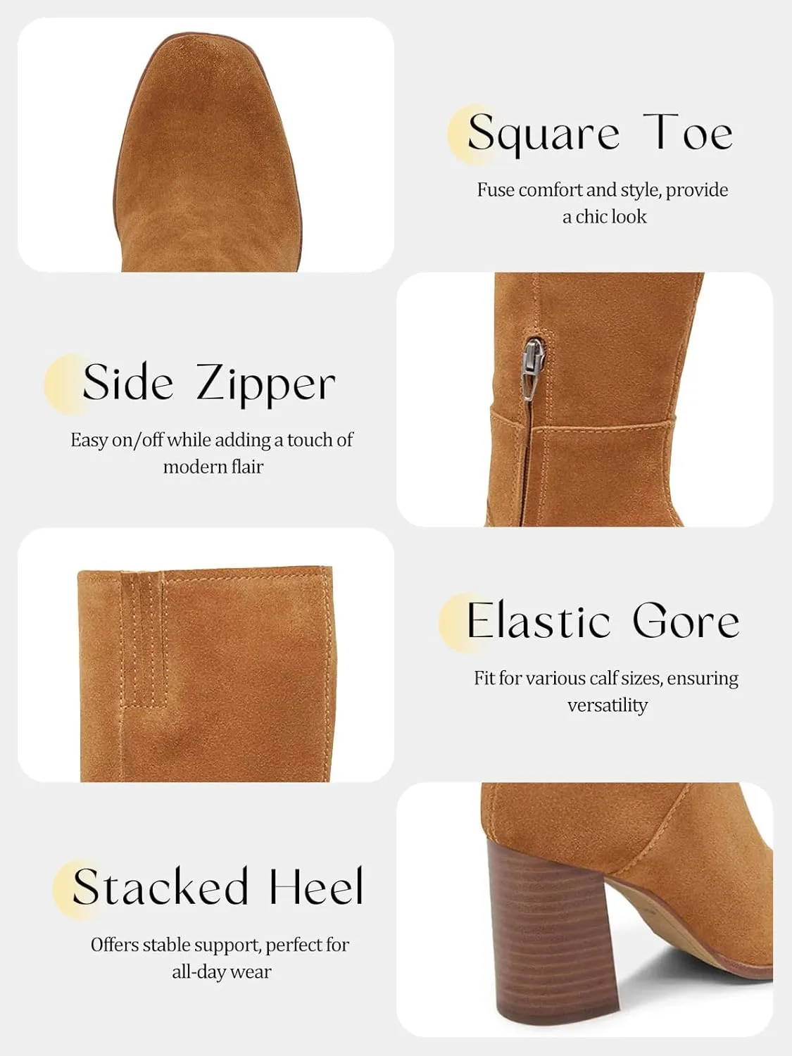 Coutgo Womens Knee High Boots Square Toe Chunky Block Heel Side Zipper Faux Suede Long Boots Fall Winter Shoes