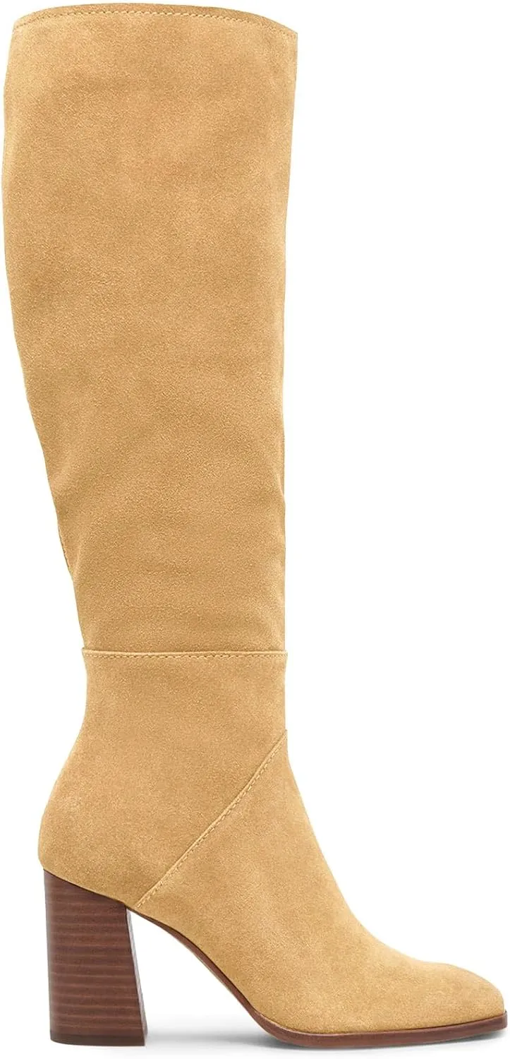 Coutgo Womens Knee High Boots Square Toe Chunky Block Heel Side Zipper Faux Suede Long Boots Fall Winter Shoes