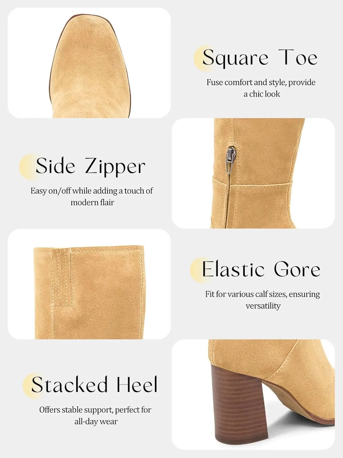 Coutgo Womens Knee High Boots Square Toe Chunky Block Heel Side Zipper Faux Suede Long Boots Fall Winter Shoes