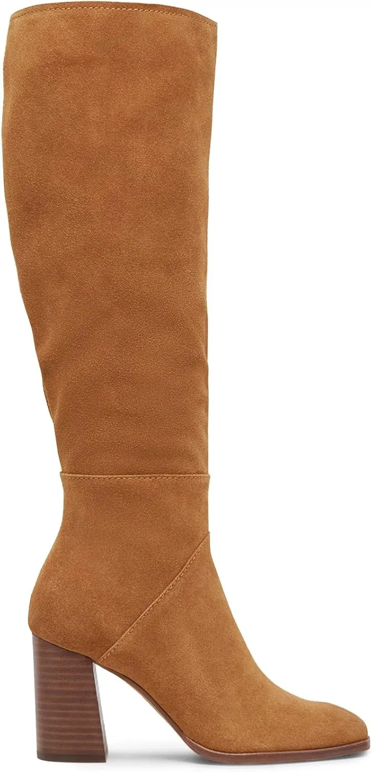 Coutgo Womens Knee High Boots Square Toe Chunky Block Heel Side Zipper Faux Suede Long Boots Fall Winter Shoes