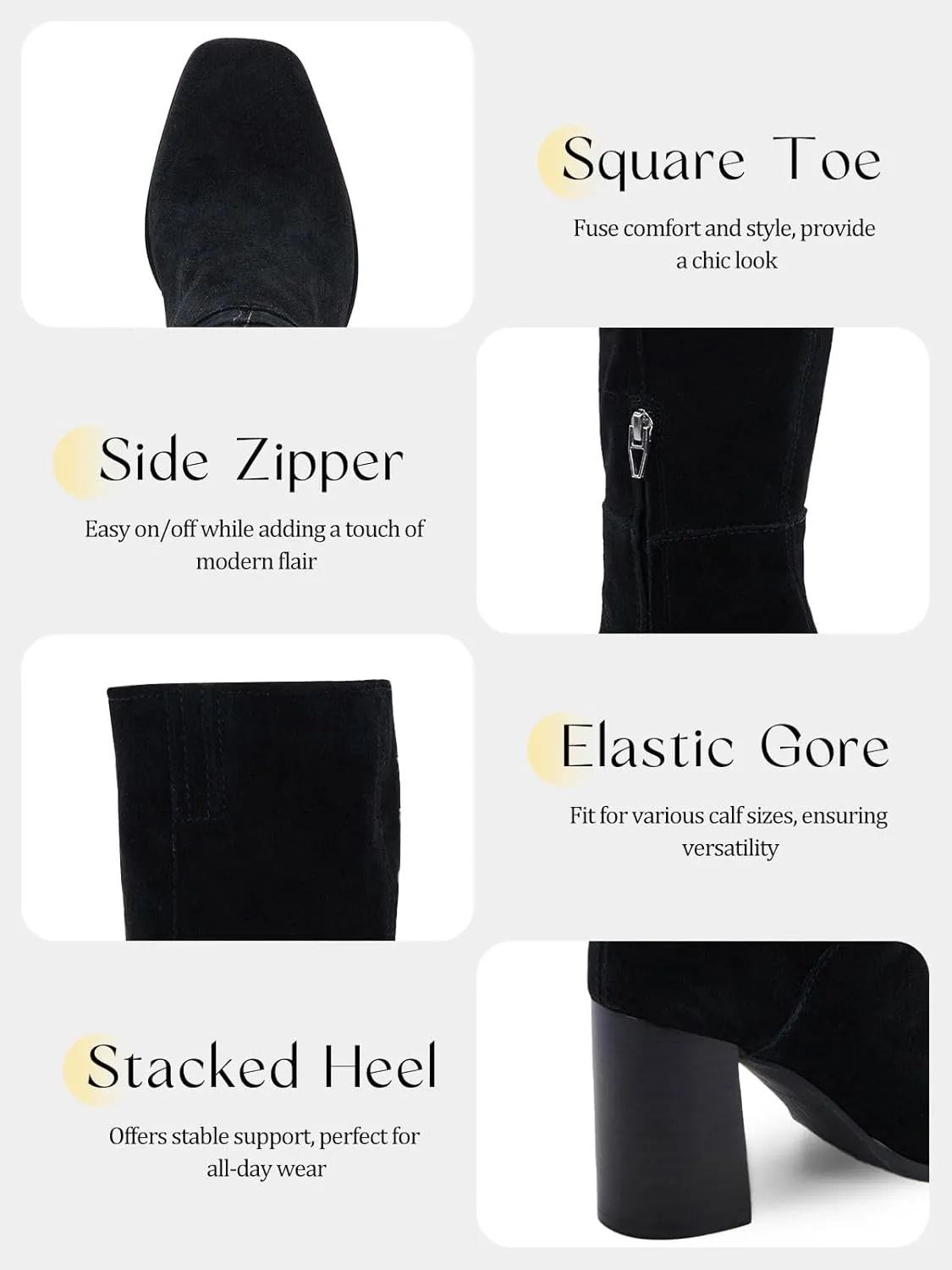 Coutgo Womens Knee High Boots Square Toe Chunky Block Heel Side Zipper Faux Suede Long Boots Fall Winter Shoes
