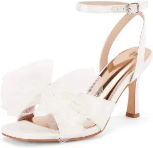 Coutgo Womens Lace Bow Heels Sandals Open Square Toe Stiletto High Heel Ankle Strap Bride Wedding Dress Shoes