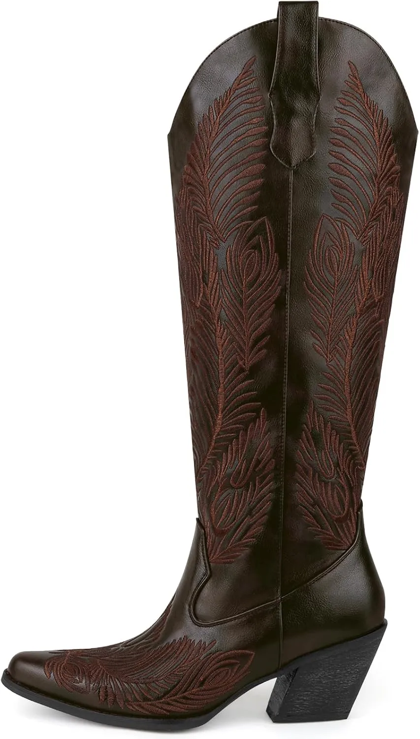 Cowboy Boots for Women-Knee High Cowgirl Boots with Retro Floral Embroidered,Chunky Heels Pointed Toe Retro Classic Pull On Western Tall Boot With Side Half Zip for Ladies