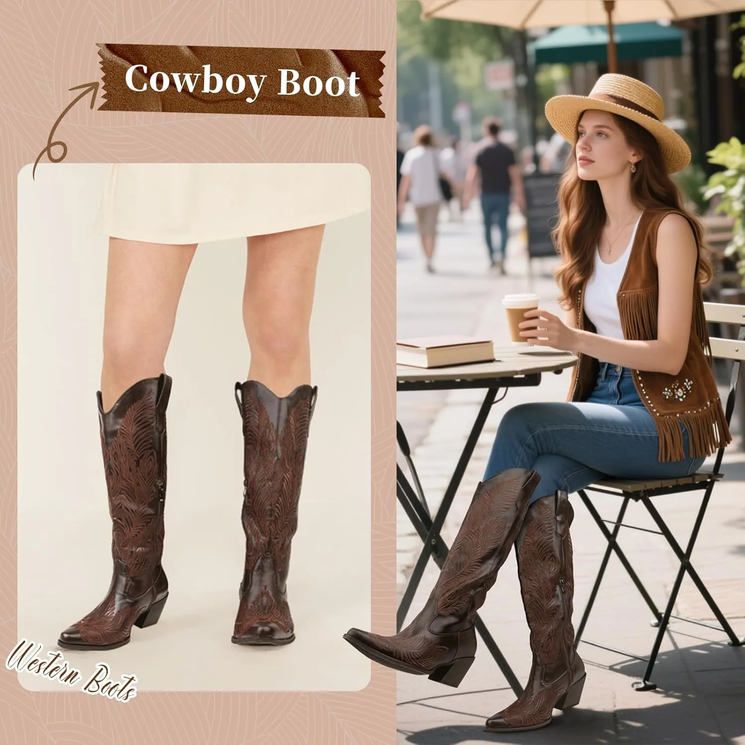Cowboy Boots for Women-Knee High Cowgirl Boots with Retro Floral Embroidered,Chunky Heels Pointed Toe Retro Classic Pull On Western Tall Boot With Side Half Zip for Ladies