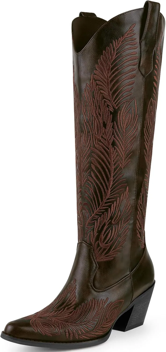 Cowboy Boots for Women-Knee High Cowgirl Boots with Retro Floral Embroidered,Chunky Heels Pointed Toe Retro Classic Pull On Western Tall Boot With Side Half Zip for Ladies