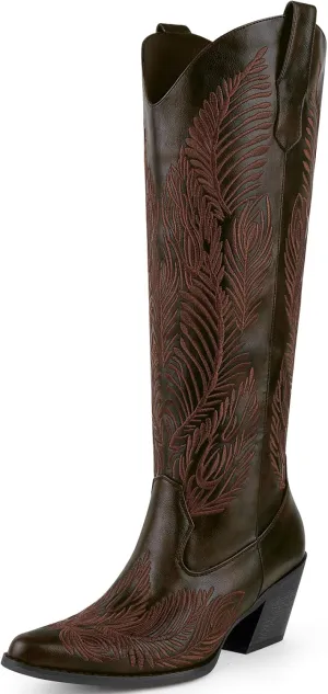 Cowboy Boots for Women-Knee High Cowgirl Boots with Retro Floral Embroidered,Chunky Heels Pointed Toe Retro Classic Pull On Western Tall Boot With Side Half Zip for Ladies