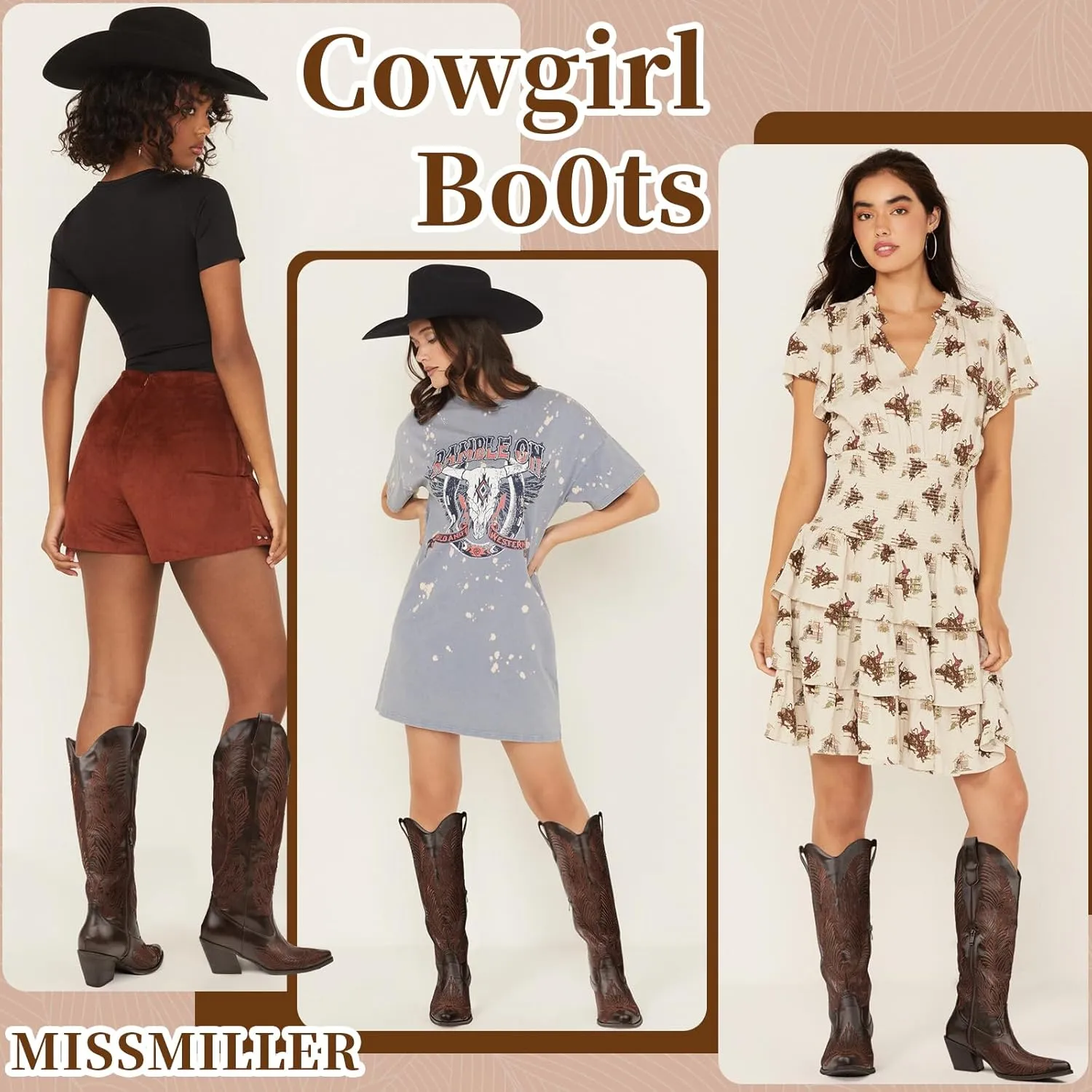 Cowboy Boots for Women-Knee High Cowgirl Boots with Retro Floral Embroidered,Chunky Heels Pointed Toe Retro Classic Pull On Western Tall Boot With Side Half Zip for Ladies
