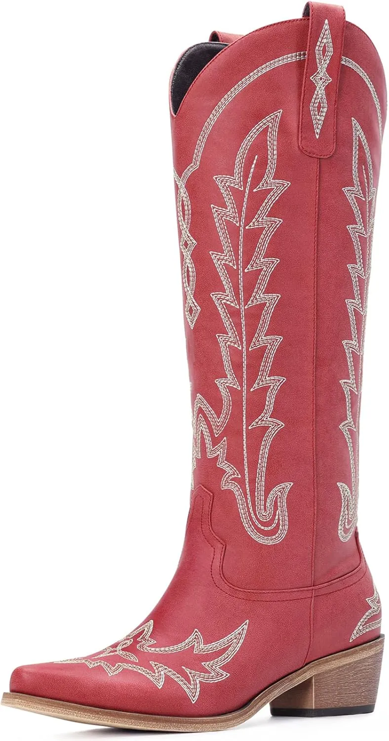 Cowboy Boots for Women - Knee High Embroidered Western Cowgirl Boots, Pointed Toe Chunky Heel Retro Country Boots, Pull On Zipper Vintage Fashion Tall Boots for Girls Ladies