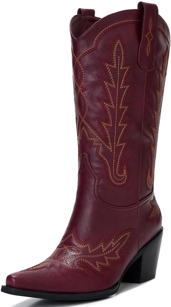 Cowgirl Boots Women – Western Mid-Calf Cowboy Boots, Pointy Toe, 3” Chunky Heel Fashion Embroidered Ladies Boots