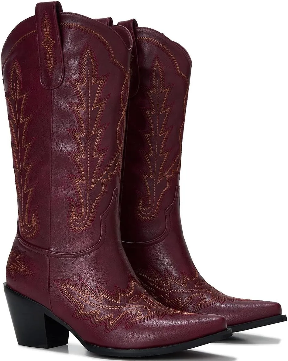 Cowgirl Boots Women – Western Mid-Calf Cowboy Boots, Pointy Toe, 3” Chunky Heel Fashion Embroidered Ladies Boots