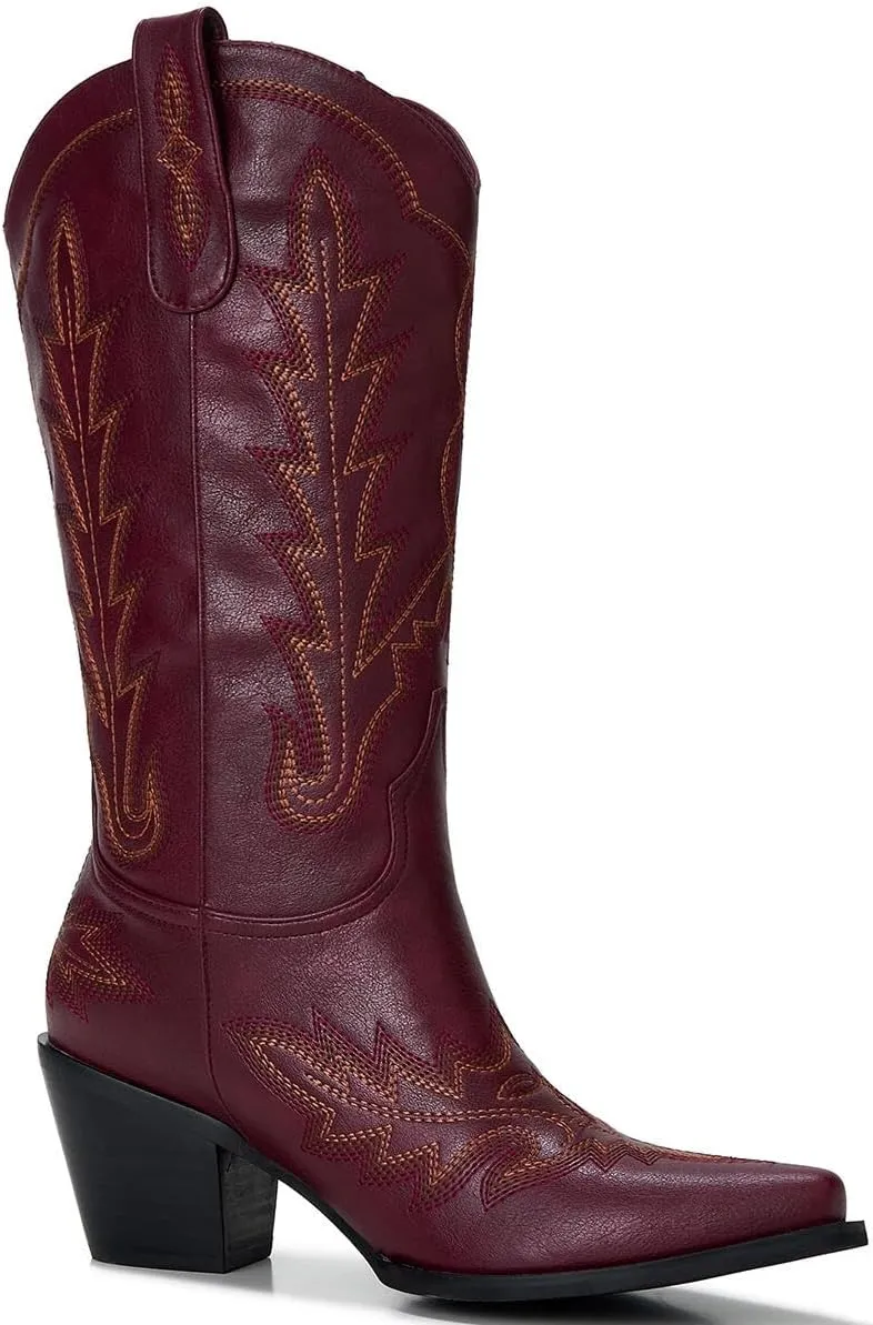 Cowgirl Boots Women – Western Mid-Calf Cowboy Boots, Pointy Toe, 3” Chunky Heel Fashion Embroidered Ladies Boots