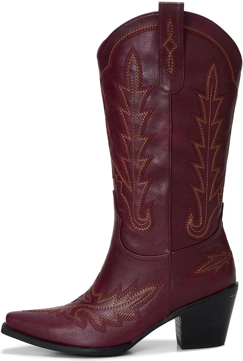 Cowgirl Boots Women – Western Mid-Calf Cowboy Boots, Pointy Toe, 3” Chunky Heel Fashion Embroidered Ladies Boots