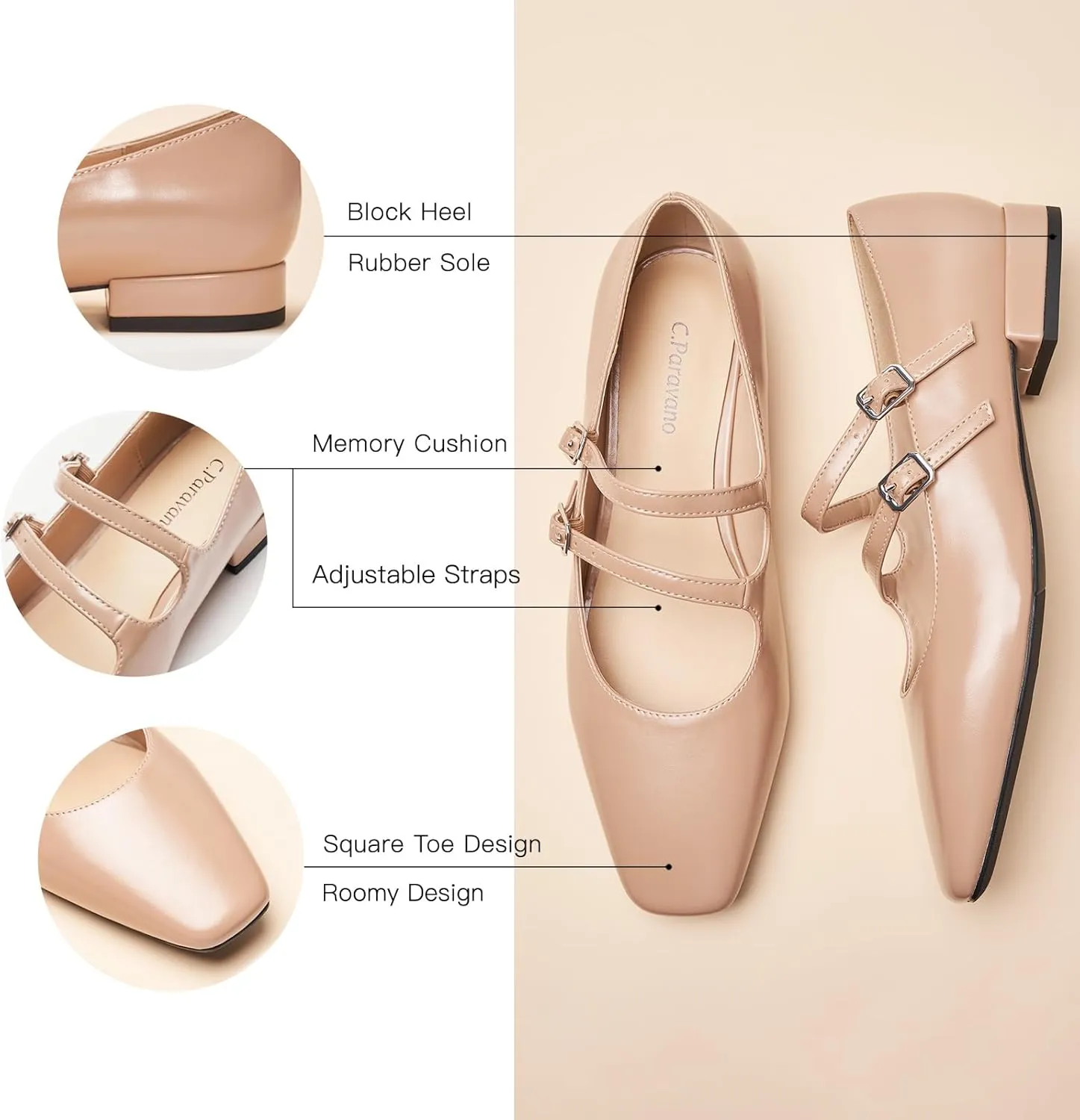 C.Paravano Women's Flats Mary Jane Flats Ballet Flats for Women Square Toe Block Heel Adjustable Straps Flat Fashion Casual Dressy Shoes