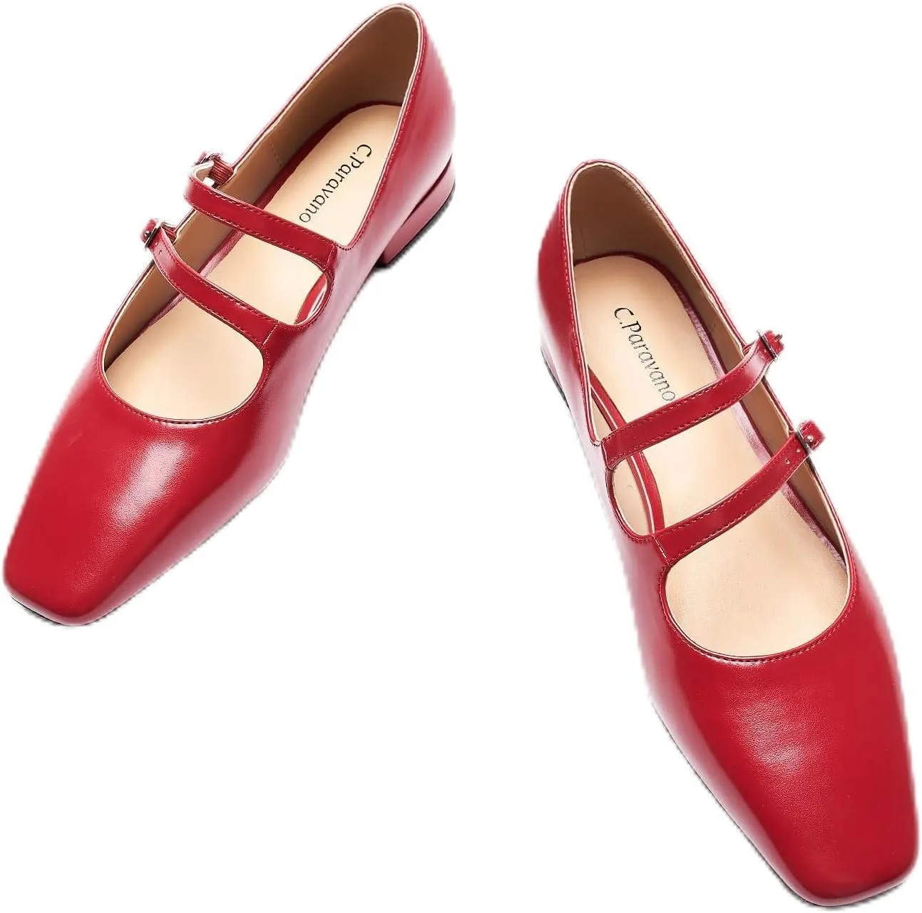 C.Paravano Women's Flats Mary Jane Flats Ballet Flats for Women Square Toe Block Heel Adjustable Straps Flat Fashion Casual Dressy Shoes