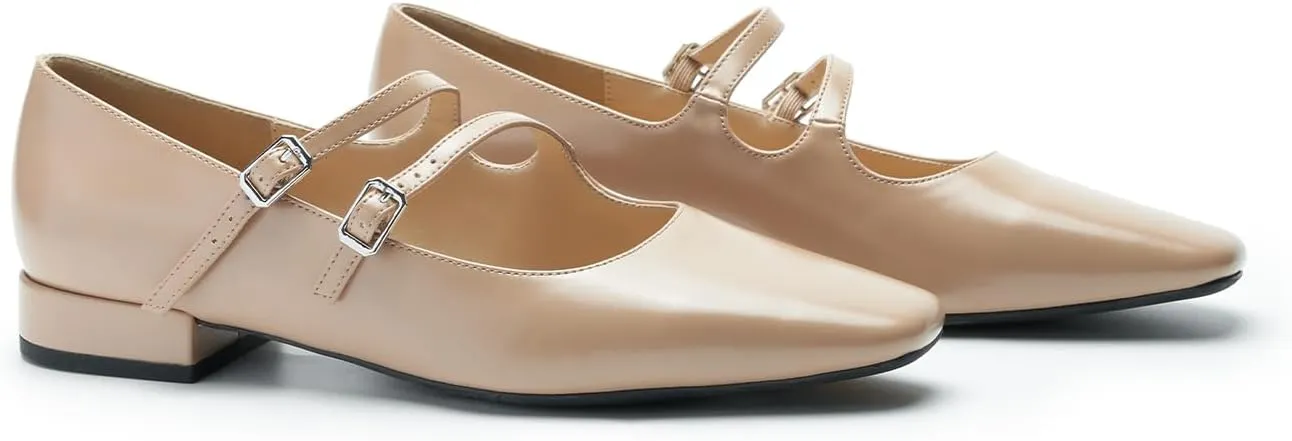 C.Paravano Women's Flats Mary Jane Flats Ballet Flats for Women Square Toe Block Heel Adjustable Straps Flat Fashion Casual Dressy Shoes