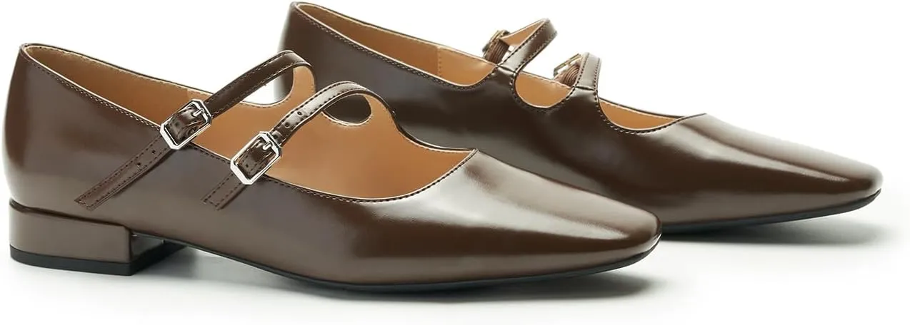 C.Paravano Women's Flats Mary Jane Flats Ballet Flats for Women Square Toe Block Heel Adjustable Straps Flat Fashion Casual Dressy Shoes