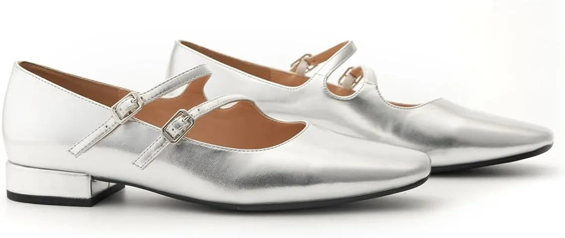 C.Paravano Women's Flats Mary Jane Flats Ballet Flats for Women Square Toe Block Heel Adjustable Straps Flat Fashion Casual Dressy Shoes