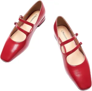 C.Paravano Women's Flats Mary Jane Flats Ballet Flats for Women Square Toe Block Heel Adjustable Straps Flat Fashion Casual Dressy Shoes