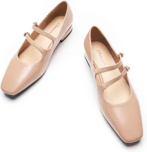 C.Paravano Women's Flats Mary Jane Flats Ballet Flats for Women Square Toe Block Heel Adjustable Straps Flat Fashion Casual Dressy Shoes