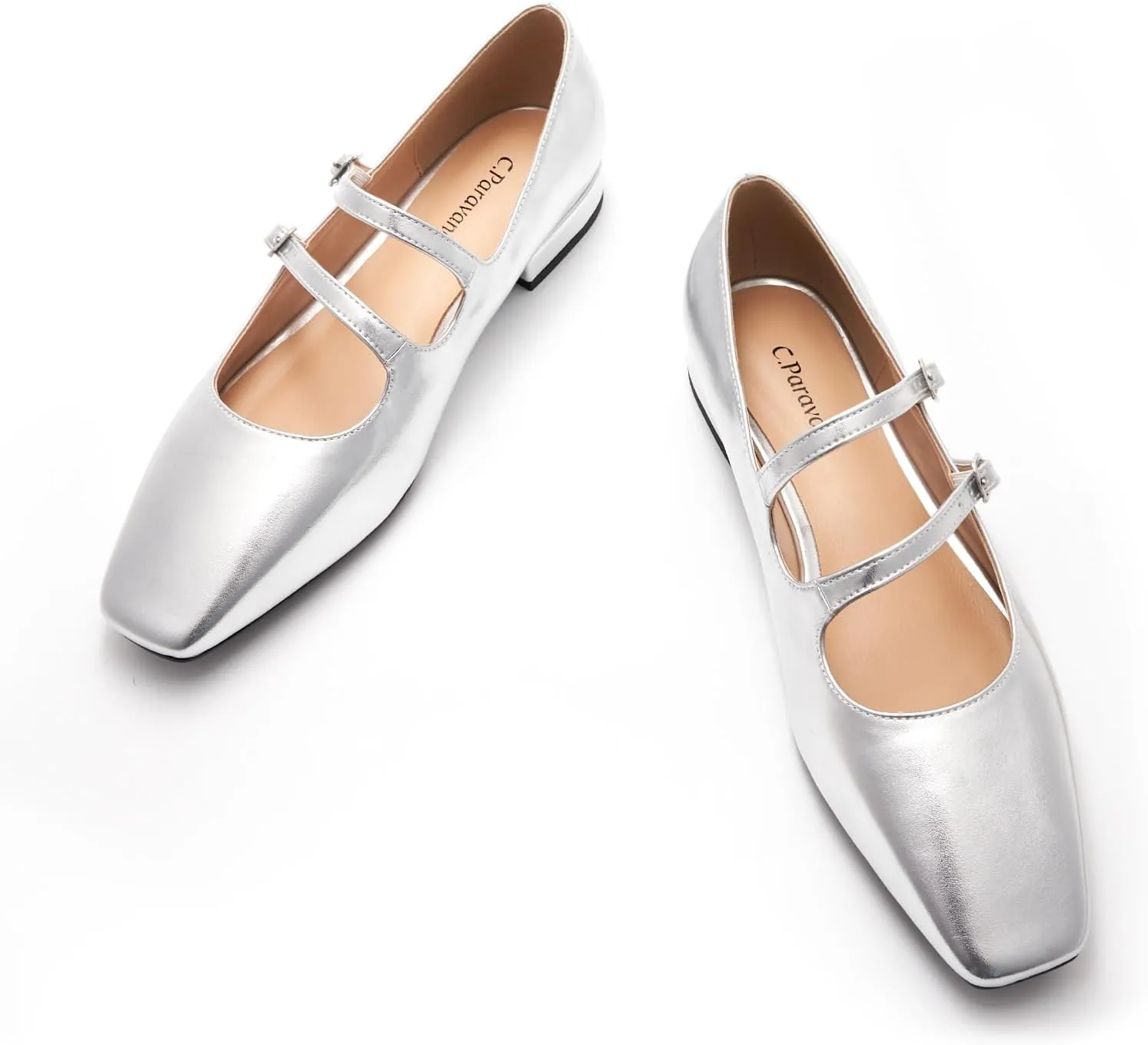 C.Paravano Women's Flats Mary Jane Flats Ballet Flats for Women Square Toe Block Heel Adjustable Straps Flat Fashion Casual Dressy Shoes