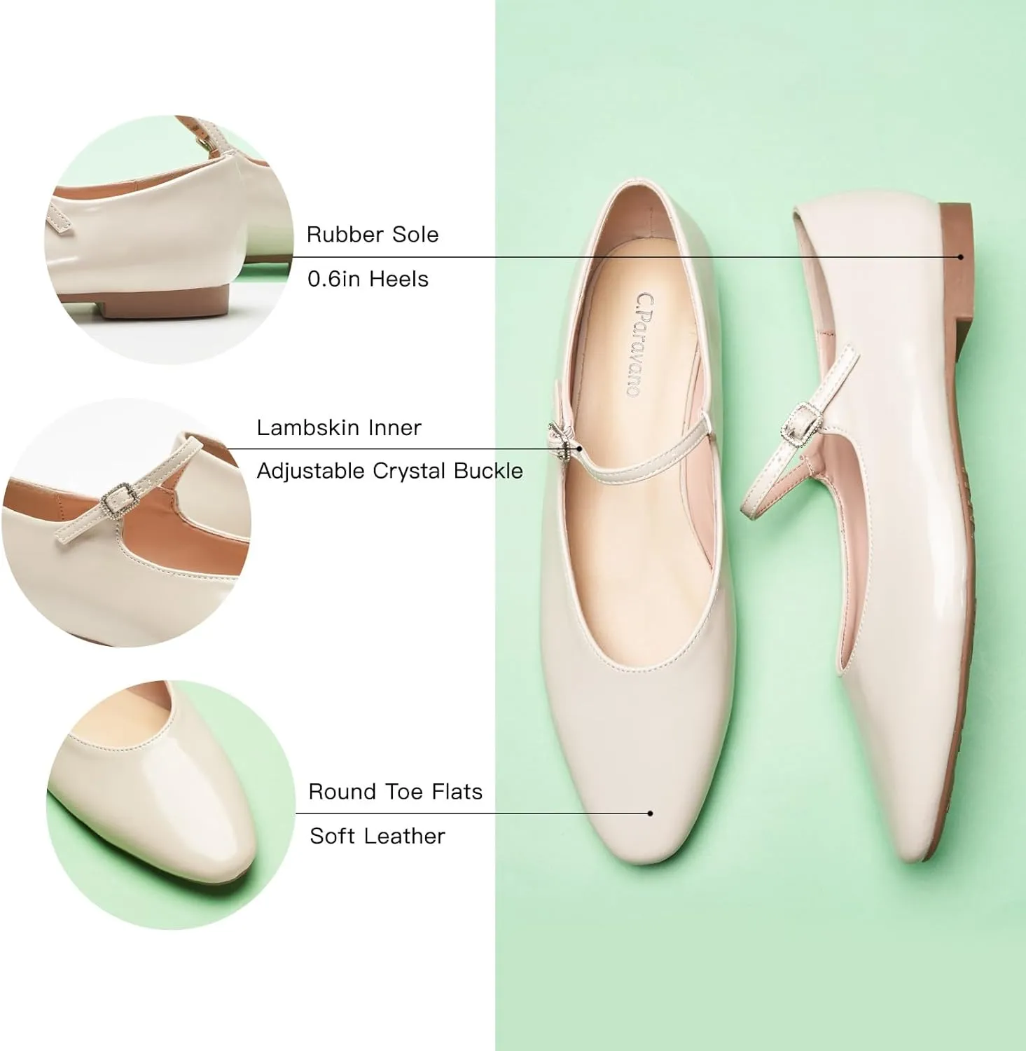C.Paravano Women's Mary Jane Flats | Almond Toe Flats for Women | Leather Ballet Flats with Strap | Fashion Comfortable Work & Casual Shoes for Daily Wear,Walking